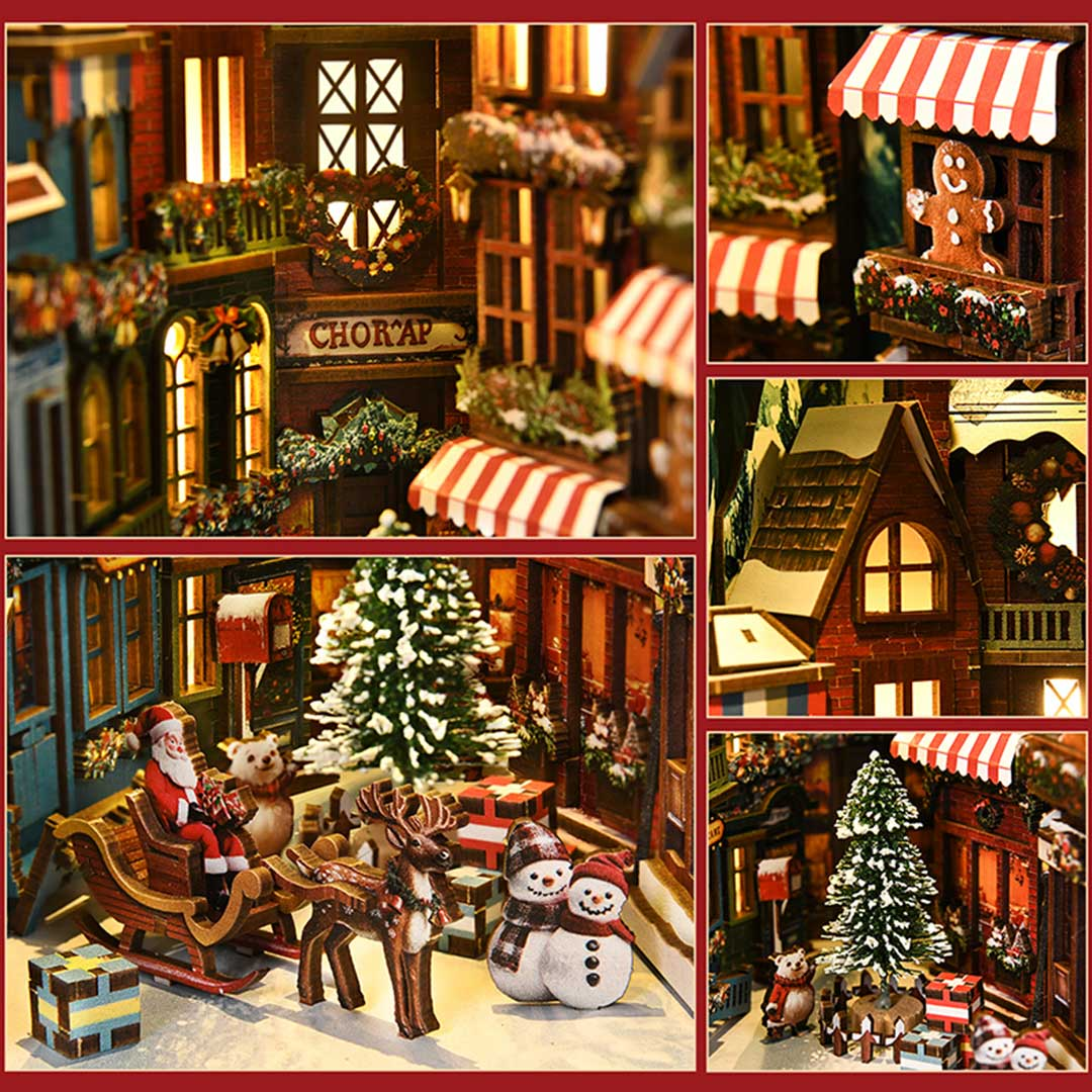 Christmas Street Corner DIY Wooden Book Nook Shelf Insert