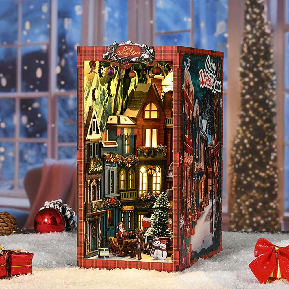 Christmas Street Corner DIY Wooden Book Nook Shelf Insert