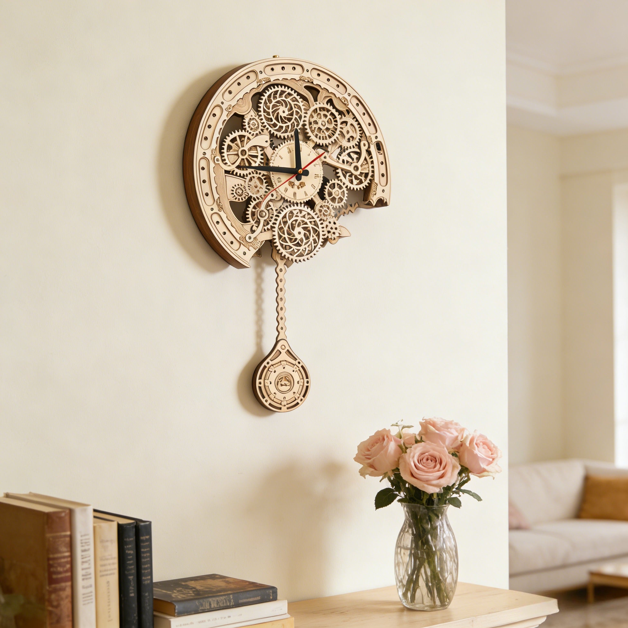 3D Wooden Puzzle Mechanical Gear Clock DIY Wall Pendulum Clock