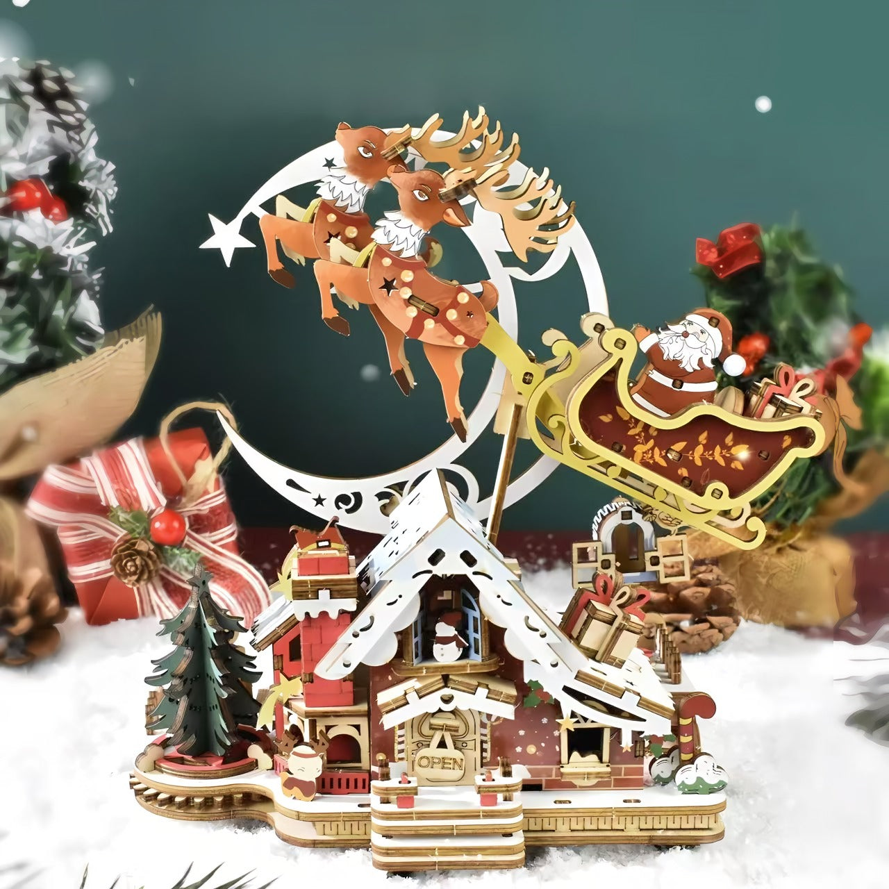 Festive Rotating Santa Sleigh DIY Music Box DIY Miniature House